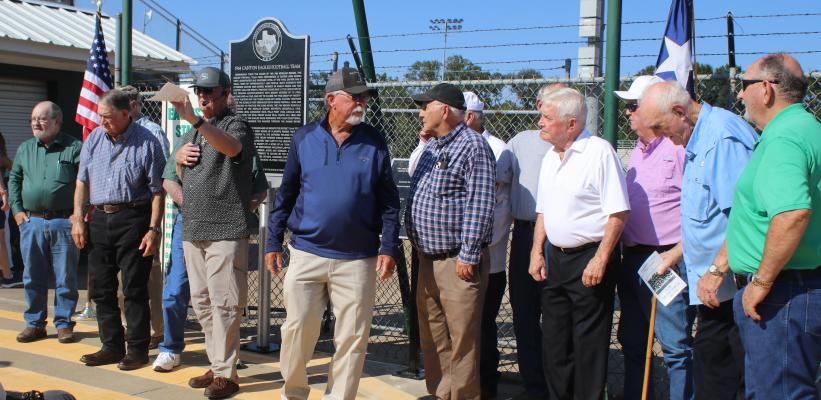The 1964 Canton High School football team was honored with a Texas Historical Marker Sept. 13 during a dedication ceremony at Norris Birdwell Stadium. Members of the team served as honorary captains later that evening at the Canton Eagles varsity football game and were individually recognized at halftime. Photos by Susan Harris