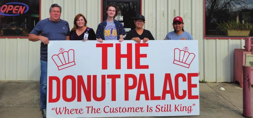 From left, EDC Board member Charlie Prater, EISD Superintendent Kristin Prater, Edgewood High School Senior Wesley Hartman and The Donut Palace business owners Vatanak Kong and Ly Kim. Courtesy photo
