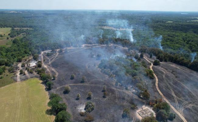 South Van Zandt Fire Department provided an aerial image of a grass and brush fire that took two departments and many hours to control and extinguish. Photo Courtesy of South Van Zandt Fire Dept.