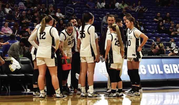 The Martins Mill Lady Mustangs were seeking a ‘three-peat’ state championship against Lipan in the Class 2A, Division 2, State Championship Game March 5 at The Alamodome in San Antonio but their efforts came up short in a 42-35 loss. The game was played before a crowd of 2,880 fans. Martins Mill finished its season with a 30-5 overall record. Photo courtesy of the Martins Mill High School Yearbook Staff