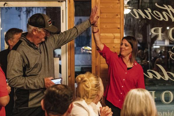 Republican Party candidate Jill Dutton of Van receives congratulations from Kenneth Pruitt in Canton Jan. 30 after the final results were tabulated in the Texas House District 2 special runoff election. Dutton will take office in the coming days to fill out the remaining term that expires December 31, 2024. Photo by Faith Caughron