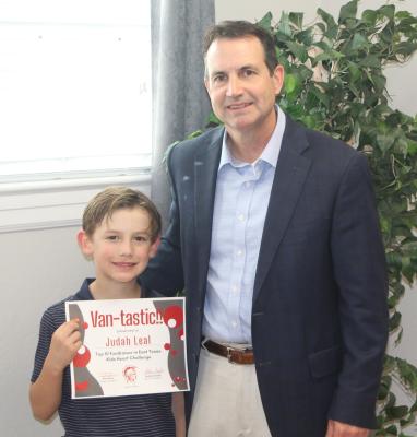 J. E. Rhodes Elementary School First Grade Student Judah Leal received a ‘Vantastic’ award from Van ISD Superintendent Don Dunn April 21 during the regular monthly meeting of the Van School Board. Judah was recognized for finishing seventh overall in East Texas in raising money for Jump-A-Rope for Heart. Photo by David Barber
