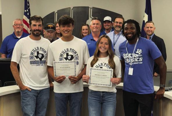 Wills Point High School State Tennis Qualifiers Brooklyn Dixon and Wyatt Harper were recognized during the regular monthly meeting of the Wills Point School Board May 11. The duo traveled to San Antonio May 7, 8 for the state tournament after outlasting a talented Panther Creek team in the Regional Tournament April 21. Photo courtesy of WPISD Board of Trustees Facebook page