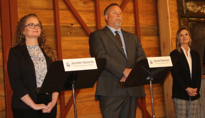 Candidates for VZC Tax Assessor-Collector participated in a debate Feb. 19. Participating were left to right, Jennifer Holcomb, David Marshall, and incumbent Misty Stanberry. Photo by Susan Harris