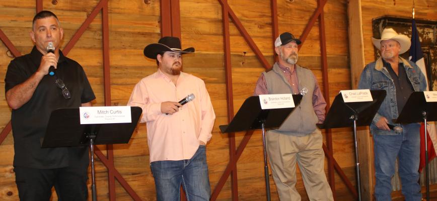 The candidates running for the Van Zandt County Pct. 1 Commissioner’s seat participated in a debate Feb. 19 at The Silver Spur Resort in Canton. The candidates that participated were left to right, Mitch Curtis, Brandon Holland, Chad LaPrade (incumbent), and Mike Taylor. Photo by Susan Harris