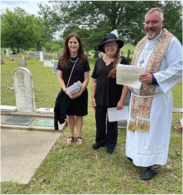 Dana Crandall, Carrie Woolverton and Bishop Erik Gronberg were among the attendees for a special ceremony recognizing Henrietta Christiane Marie Waldt Reierson, an early settler of Van Zandt County. Courtesy photo