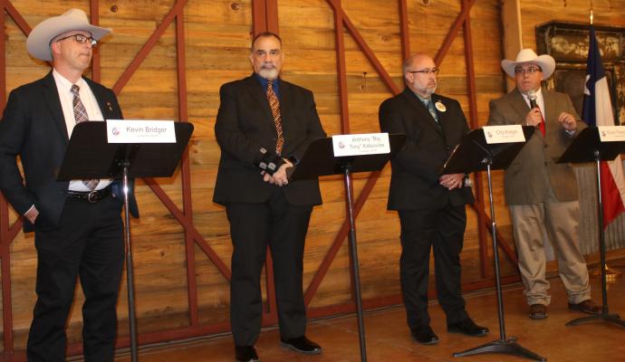 Candidates for Van Zandt County Sheriff participated in a debate Feb. 19 at The Silver Spur Resort in Canton. The candidates were left to right, Kevin Bridger, Anthony ‘Big Tony’ Katsoulas, Chip Krieger, and Chuck Thompson. Photo by Susan Harris
