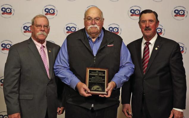 Van Zandt County rancher Brian Cummins (center) was presented the Texas Farm Bureau (TFB) District 5 Pioneer Award on Dec. 2, 2023, by TFB President Russell Boening (right) and TFB District 5 State Director Kevin Wilkerson. Courtesy photo