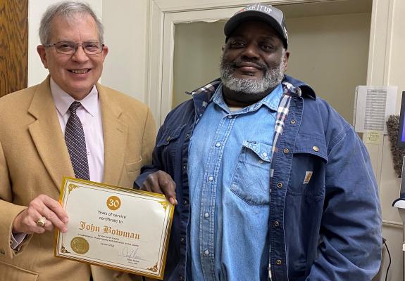Van Zandt County officials, represented by County Judge Andy Reese, recognized John Bowman for his three decades of loyalty and dedication to area residents with a special certificate presentation. Bowman, a maintenance employee, began his tenure with the county back on Jan. 25, 1993. Courtesy photo
