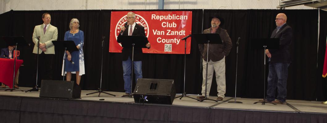 The recent Republican Club of Van Zandt County Debate Forum held at the Canton Civic Center featured the five candidates campaigning for VZC Judge. Participating in the debate were left to right, Jeffrey Whitworth, Karen Reeves, Andy Reese (incumbent), Chad LaPrade, and Don Good. Early Voting for the March 3 Primary Election begins Tuesday, Feb. 17 and concludes Friday, Feb. 27. Photo by David Barber