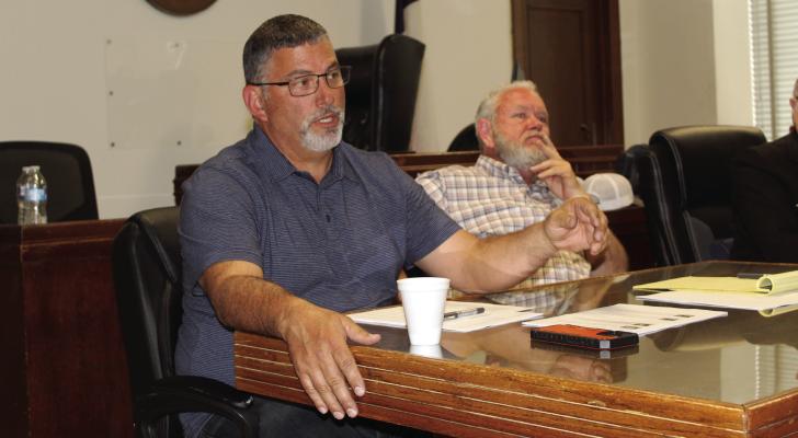 Van Zandt County Pct. 1 Commissioner Mitch Curtis responds to a question during a special called workshop meeting Feb. 18 at the VZC Court at Law Courtroom. The commissioners’ court met with representatives from a number of cities in VZC to discuss the VZC Road and Bridge funds. Photo by David Barber