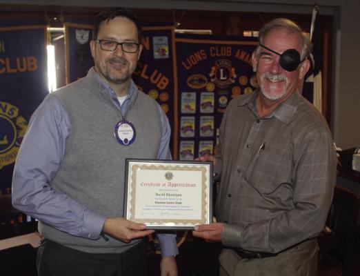 A ‘Certificate of Appreciation’ was presented to David Dunagan (right) of Save Van Zandt County following his presentation during the weekly luncheon of the Canton Lions Club at Van Zandt Country Club. Presenting the certificate is Canton Lions Club President Jonathan Helvey. Photo by David Barber