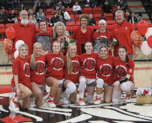 The Van Lady Vandals closed the regular season with a flourish, overtaking defending Class 4A State Champion Brownsboro and chief rival Canton to win first overall in District 16-4A. Van players and coaches recognized senior standouts Ella Barrett and Mikyla Bachert ahead of the final home game of the season. Photo by Liz Hinch