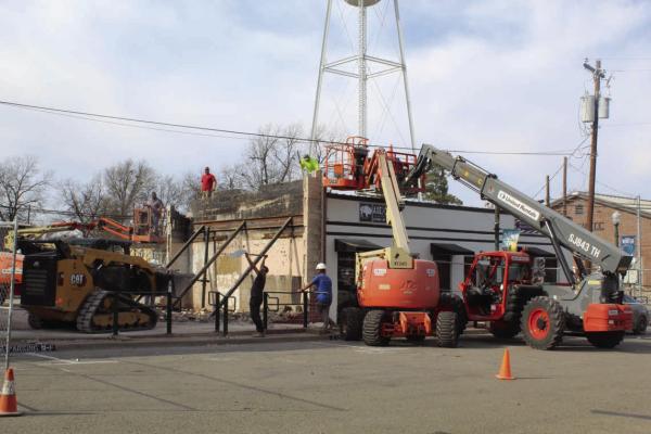 January 2023: Demolition began on the old Plaza Theater building in downtown Canton shortly after the new year in 2023, which culminated in construction crews taking down the front façade of the building on Jan. 11. Photo by Nick Gibbons, The County Eagle