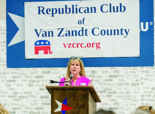 Republican Club of Van Zandt County Vice-President Suzanne Duke recognized public officials in attendance Oct. 27 during the regular monthly meeting of the Republican Club of VZC at the VZC Farm Bureau Event Center in Canton. Candidates for the March 2026 Primary Election in VZC were given an opportunity to speak during the meeting. Story on page 5A. Photo by Faith Caughron
