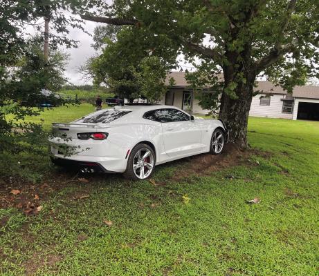 A stolen white camaro struck a tree at the conclusion of a high-speed chase that occurred in Van Zandt County July 18. The vehicle struck the tree at 110 VZCR 3442. Three suspects fled from the vehicle. The two passengers were arrested but the driver of the vehicle remains at large, according to VZC Pct. 3 Constable Jeff Caughron. Courtesy photo