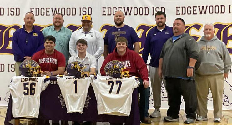 Standout student-athletes Maverick Segovia, Hayden Wilcoxson and Layton Bass signed their respective letters of intent to play football collegiately during a ceremony held Feb. 6 at Edgewood High School. Segovia committed to playing at McPherson, Wilcoxson at East Texas Baptist University and Bass at Henderson State. Over the past four seasons, Edgewood has gone a combined 28-16 on the gridiron. Courtesy photo