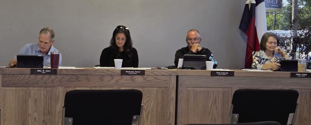 Mayor Mike Jones, far left, introduced an agenda item related to the adoption of the City of Wills Point's 2026-'27 budget while councilmembers Mackenzie Turner, Wade Emerson and Debbie Tisdale listen in. Photo by David Kapitan