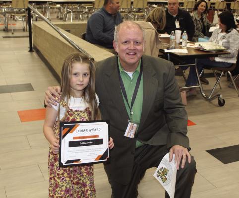 Oakleigh Savallo was recognized as the Student of the Month at Grand Saline Elementary School during the regular monthly meeting of the Grand Saline School Board Feb. 23. Presenting the certificate was GSES Principal Michael Mize. Photos by David Barber
