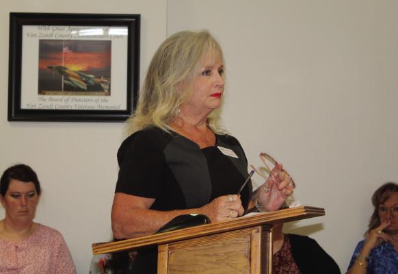 D’Ann Miller, a Hibbs-Hallmark broker, spoke to the Van Zandt County Commissioners Court June 18 regarding the renewal of the VZC Health Care Plan for employees through the Texas Association of Counties (TAC). The renewal plan was approved by the commissioners’ court.  Photo by David Barber