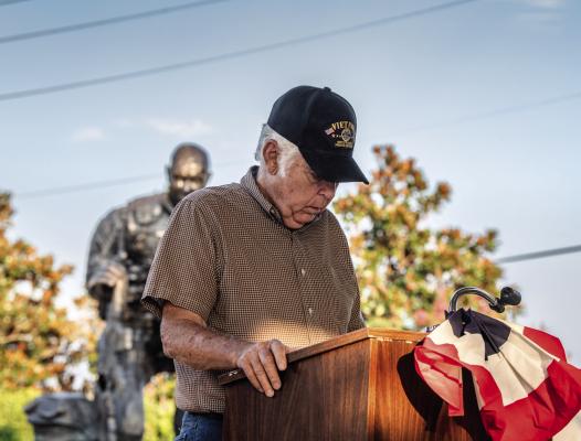 Larry Dawson led in prayer during the ceremony honoring the United States Air Force for 78 years of service Sept. 19 at the Van Zandt County Veterans Memorial in Canton. All of the speakers participating in the ceremony were members of the VFW Post 12219 in Canton. Photo by Faith Caughron