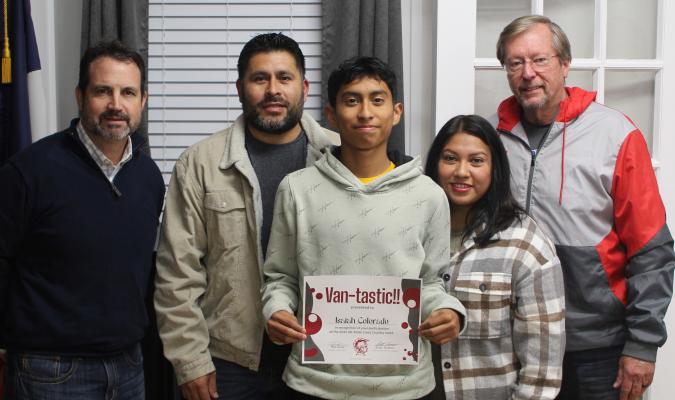 Van High School sophomore Isaiah Colorado (middle) was recognized by the Van School Board during its regular monthly meeting Nov. 14 as he recently qualified to compete in the Class 4A Cross Country Meet in Round Rock. Photo by David Barber