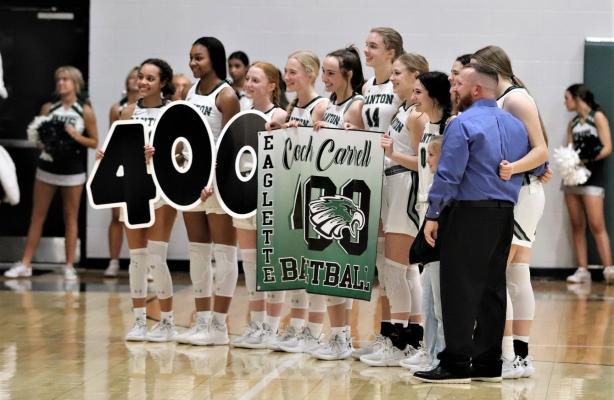 Eaglettes Head Coach Troy Carrell was recognized prior to the Canton’s game against Cumberland Academy last Friday, as he surpassed the 400-win milestone in his career earlier this season. Carrell would go on to add another victory to his total, as the Eaglettes cruised by Cumberland Academy. Photo by Lianna Reid