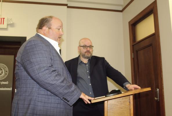 Forney attorneys Scott Gray, left, and Robert Guest spoke during a workshop meeting on the topic of rental properties during the regular meeting of the Van Zandt County Commissioners Court July 1. No action was taken by the commissioners’ court following the workshop item. Photo by David Barber