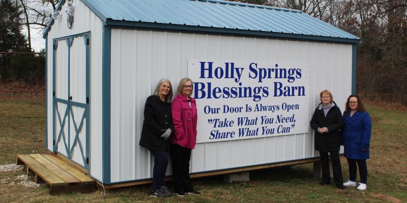 A ribbon cutting and an Open House for the ‘Blessings Barn’ ministry at Holly Springs Methodist Church in Martins Mill is scheduled for 11 a.m. Saturday, Feb. 11, at the church. Among the church members that will be in attendance include left to right, Carol Abbott, Vicky Robbins, Patsy Shaw, and Pastor Erin Muckleroy. Photo by David Barber