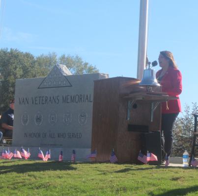 Texas District 2 State Representative Jill Dutton presented a proclamation to the City of Van before introducing guest speaker, Texas District 2 State Senator Bob Hall, during the Veterans Memorial Dedication Ceremony Nov. 11 at McMillan Park in Van. The City of Van unveiled its first monument honoring veterans.