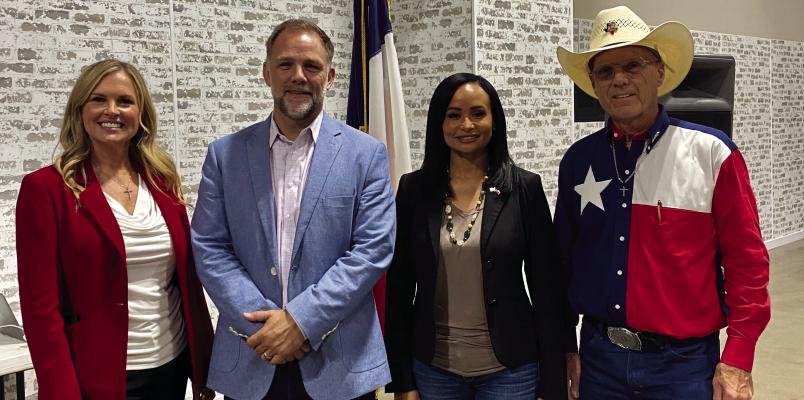 The Republican Club of Van Zandt County held its monthly meeting July 22 featuring guest panelists recognized by Republican Club of VZC President Doc Collins, far right. The guest panelists were left to right, Shelley Luther, Brent Money, and Katrina Pierson. Courtesy photo