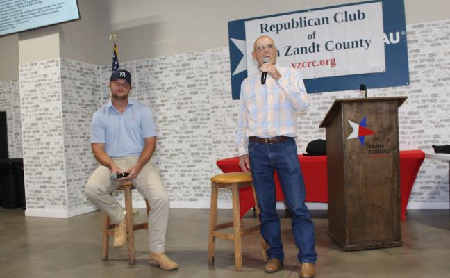 Local developer Mitchell Kaufman (left) was introduced to speak May 27 during the regular monthly meeting of the Republican Club of Van Zandt County by RCVZC President Doc Collins. The meeting was held at the VZC Farm Bureau Event Center in Canton. The meeting was moved from its normal fourth Monday of the month meeting date due to the Memorial Day holiday. Photos by Susan Harris