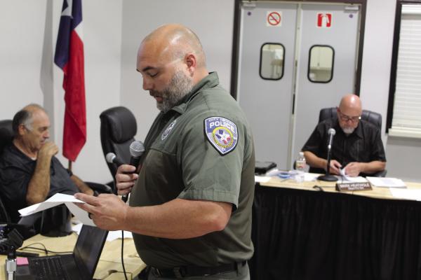 Van Police Chief Eric Doering presented his monthly police report to the Van City Council during its regular monthly meeting Aug. 14. The report included 179 calls for service, 250 security checks, and 299 traffic infractions. Photo by David Barber