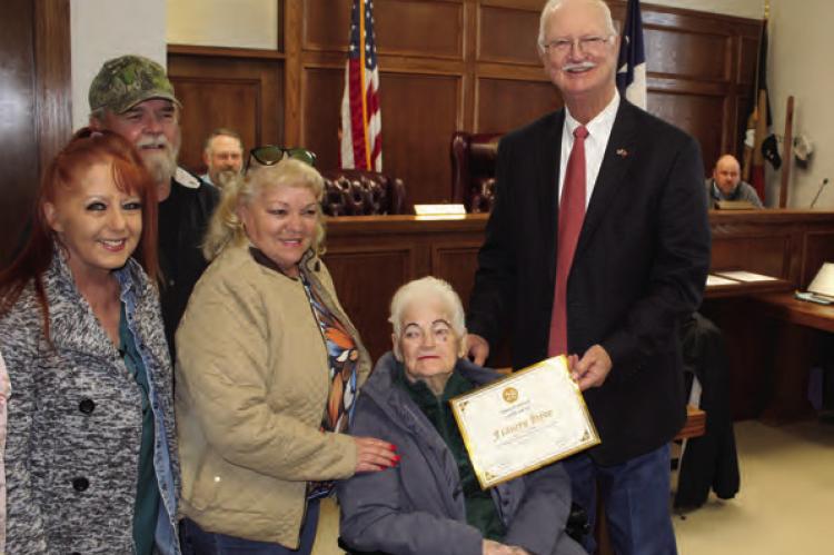 Frances Hyde was recognized during the March 27 regular meeting of the Van Zandt County Commissioners Court for her 28 years of service as a part-time VZC Pct. 2 Transfer Station employee. Photo by David Barber