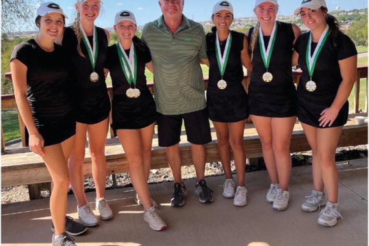 The Canton Eaglettes’ golf team finished in first place Sept. 26 at the Whitestone Invitational. Team members are left to right, Casey White, Caroline Stern, Taryn Clayton, Coach Tommy Day, Bella Irwin, Jessica Lea, and Jayme Robertson. Courtesy photo
