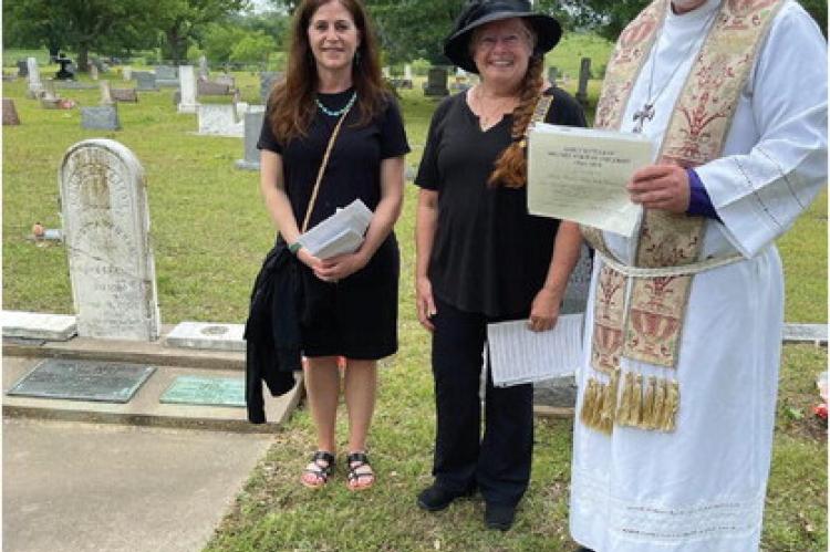 Dana Crandall, Carrie Woolverton and Bishop Erik Gronberg were among the attendees for a special ceremony recognizing Henrietta Christiane Marie Waldt Reierson, an early settler of Van Zandt County. Courtesy photo