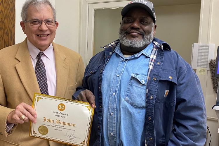 Van Zandt County officials, represented by County Judge Andy Reese, recognized John Bowman for his three decades of loyalty and dedication to area residents with a special certificate presentation. Bowman, a maintenance employee, began his tenure with the county back on Jan. 25, 1993. Courtesy photo