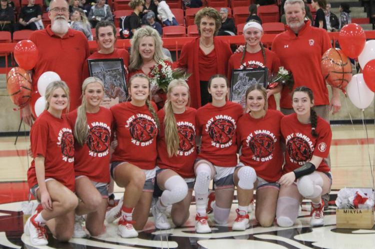 The Van Lady Vandals closed the regular season with a flourish, overtaking defending Class 4A State Champion Brownsboro and chief rival Canton to win first overall in District 16-4A. Van players and coaches recognized senior standouts Ella Barrett and Mikyla Bachert ahead of the final home game of the season. Photo by Liz Hinch