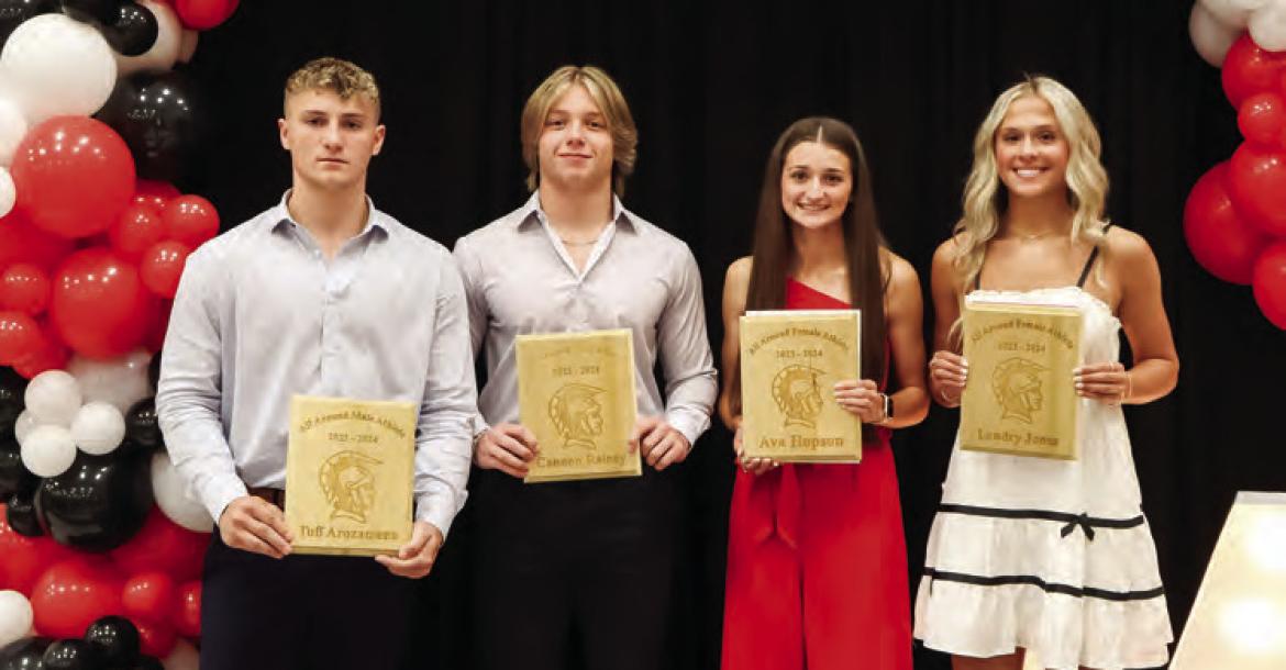 The ‘Best All-Around Male Athlete Awards’ went to Tuff Arozemena and Cannon Rainey and the ‘Best All-Around Female Athlete Awards’ went to Ava Hopson and Landry Jones. The award winners were announced at the conclusion of the annual Van Sports Banquet May 13 in the Van High School Cafetorium. See story and more photos in next week’s issue. Photo courtesy of Jillian Veader, V8R Photography