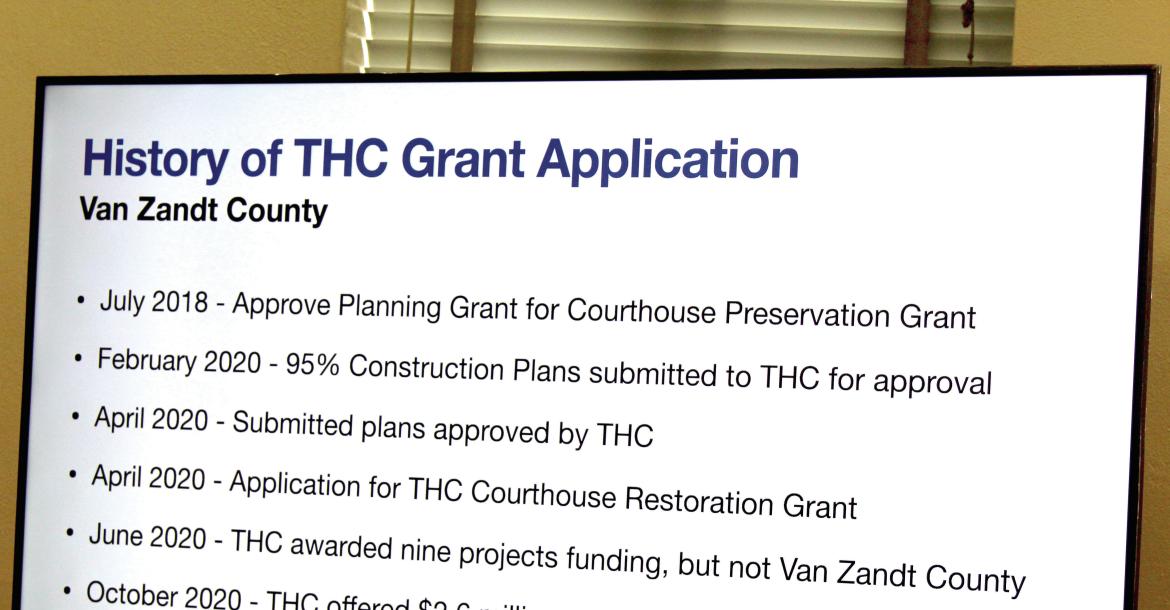 The application for a 2024-25 Texas Historical Commission Courthouse Grant was approved by the Van Zandt County Commissioners Court. Through a presentation, VZC Judge Andy Reese discussed the process, past and present, in applying for the grant. Photo by David Barber